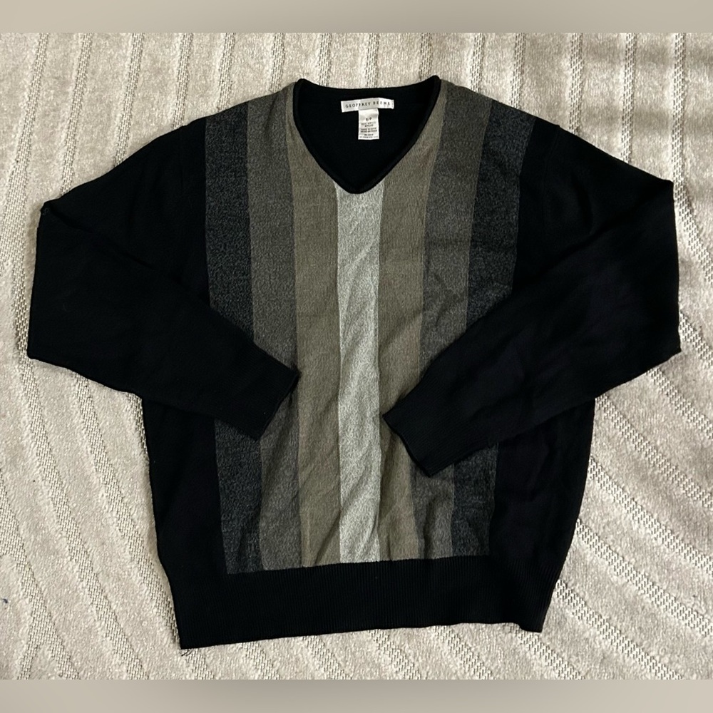 Vintage Earth Tones Striped Colorblock V-Neck Grandpa Sweater - M